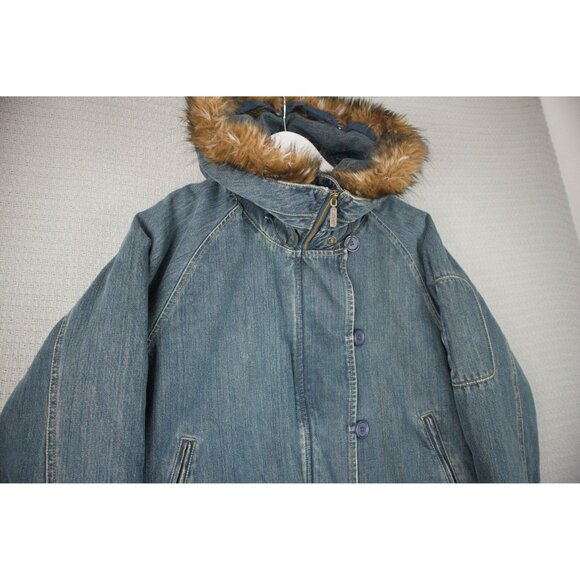DKNY Jeans Faux Fur Denim High Neck Hooded Jacket - Picture 7 of 8